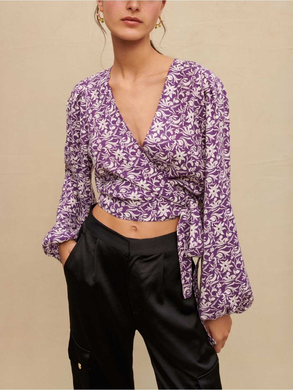 Maje Floral Wrap Crop Top in Purple and White